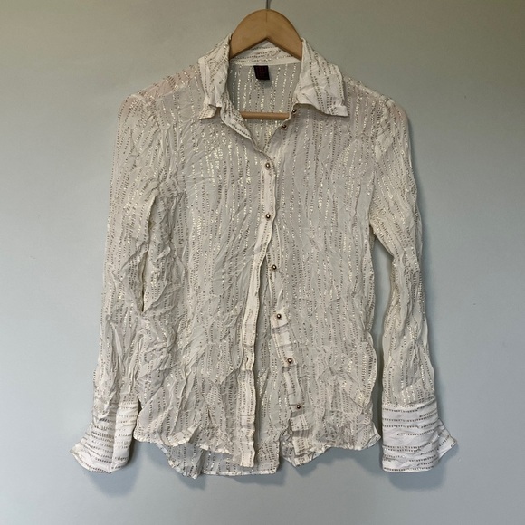 Stefanel Tops - Stefanel White Gold Metallic Thread Lurex Textured Button-Up Shirt